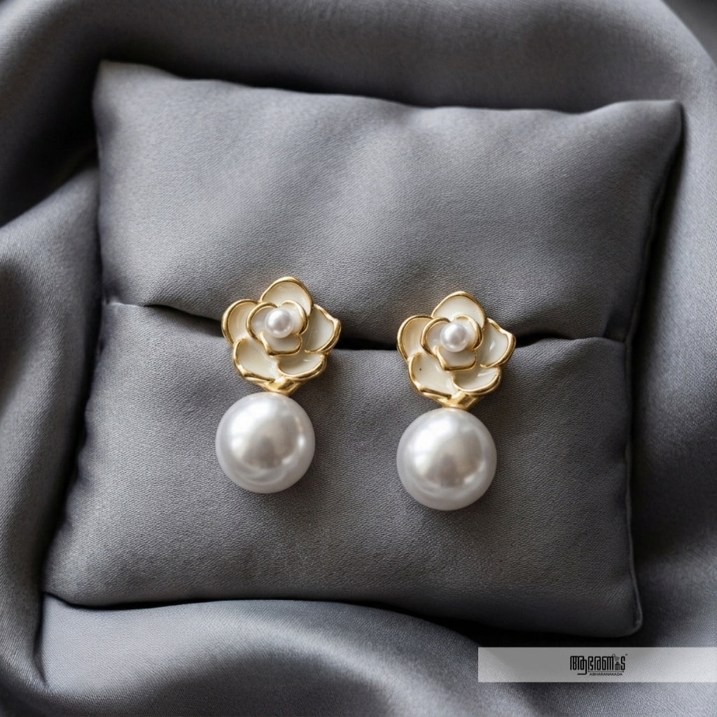 White Floral with hanging Pearl Korean Studs