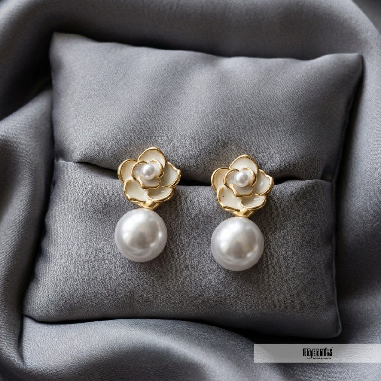White Floral with hanging Pearl Korean Studs