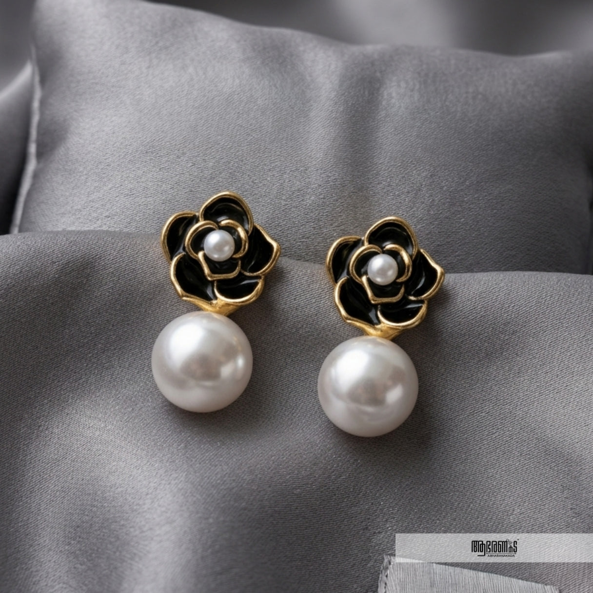 Black Floral with hanging Pearl Korean Studs