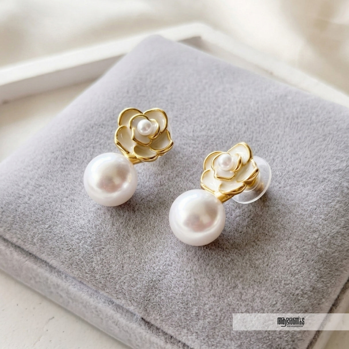 White Floral with hanging Pearl Korean Studs
