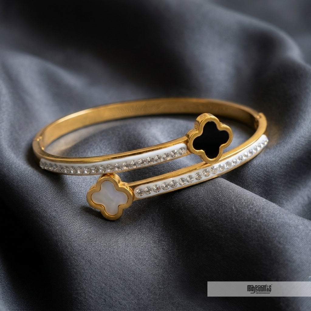 Black and White Clover Anti Tarnish Bangle Bracelet