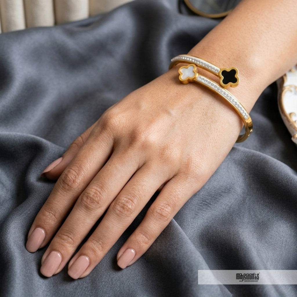Black and White Clover Anti Tarnish Bangle Bracelet