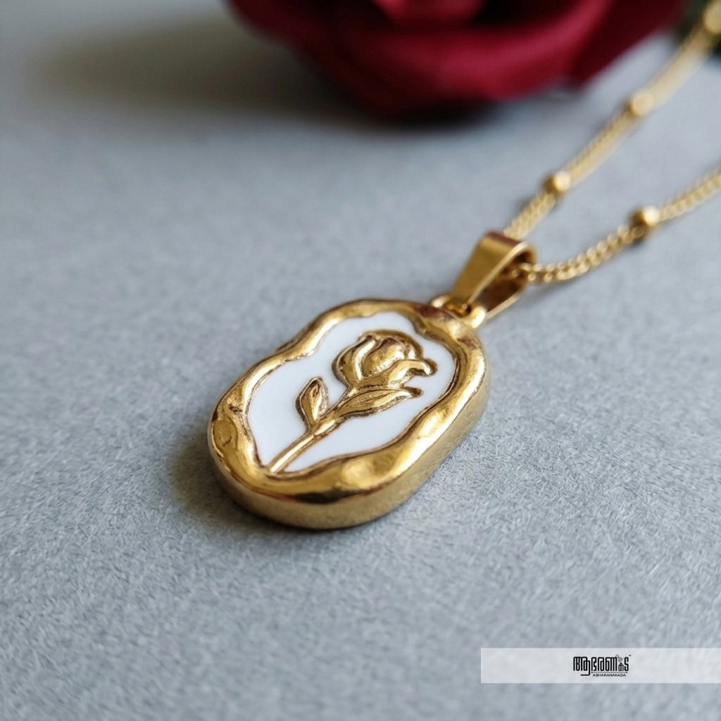 Rose Engraved Enamel  Necklace