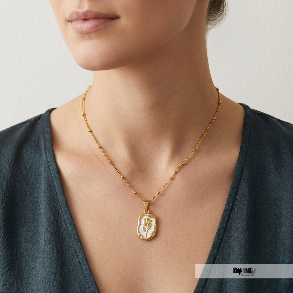 Rose Engraved Enamel  Necklace