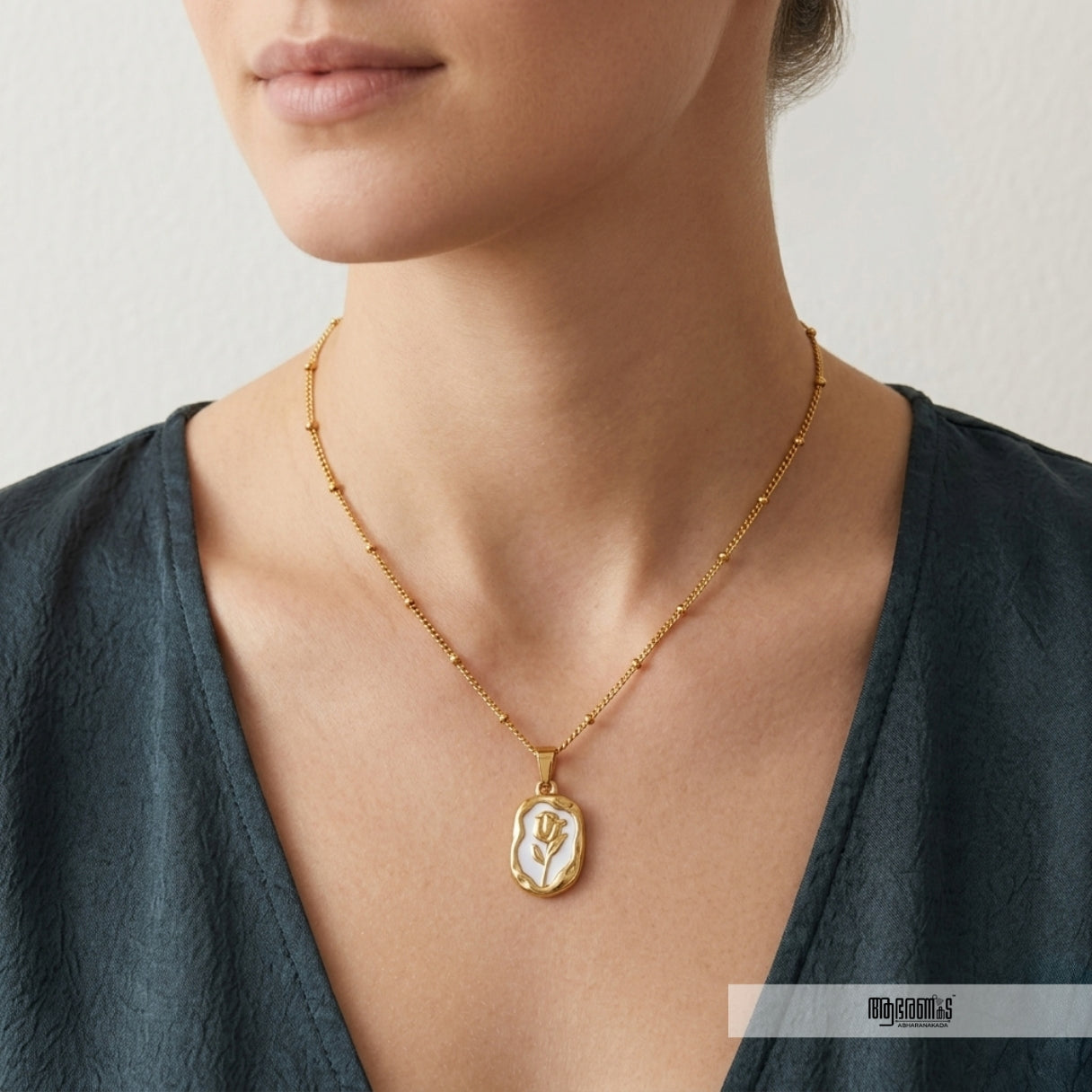 Rose Engraved Enamel  Necklace